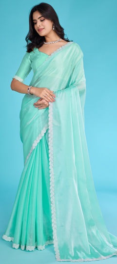 Green color Saree in Tissue fabric with Cut Dana, Moti, Stone, Zircon work