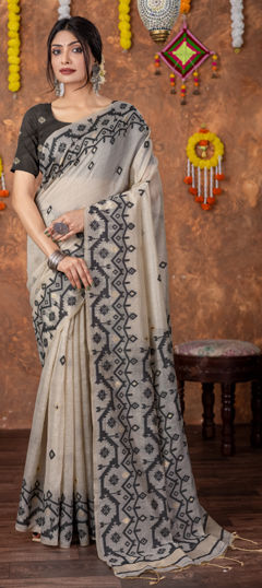 Black and Grey color Saree in Cotton fabric with Weaving work