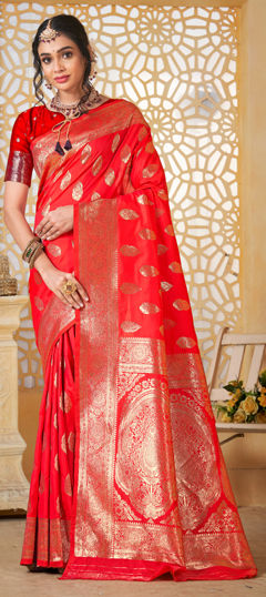 Red and Maroon color Saree in Silk fabric with Weaving, Zari work