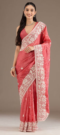 Pink and Majenta color Saree in Crushed Silk fabric with Embroidered, Sequence work