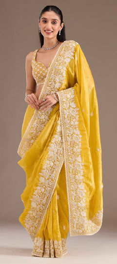 Yellow color Saree in Crushed Silk fabric with Embroidered, Sequence work