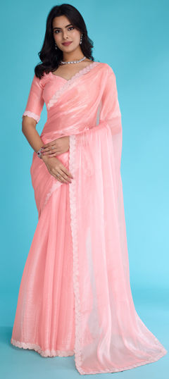 Pink and Majenta color Saree in Tissue fabric with Cut Dana, Moti, Stone, Zircon work