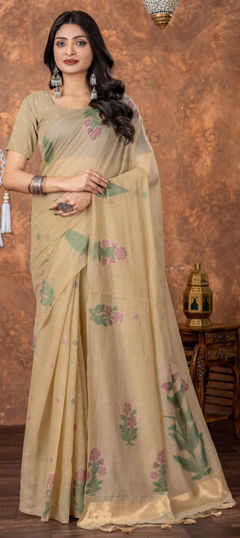Beige and Brown color Saree in Cotton fabric with Weaving work