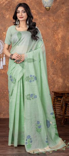 Green color Saree in Cotton fabric with Weaving work
