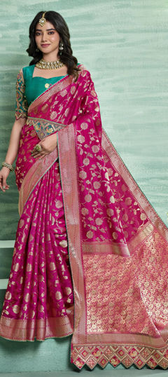 Pink and Majenta color Saree in Silk fabric with Sequence, Thread, Weaving work