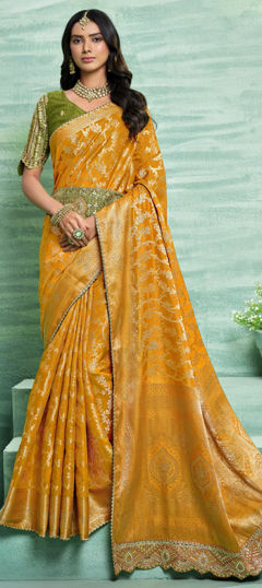 Yellow color Saree in Silk fabric with Sequence, Thread, Weaving work