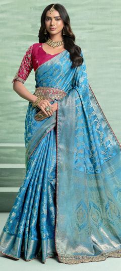 Blue color Saree in Silk fabric with Sequence, Thread, Weaving work