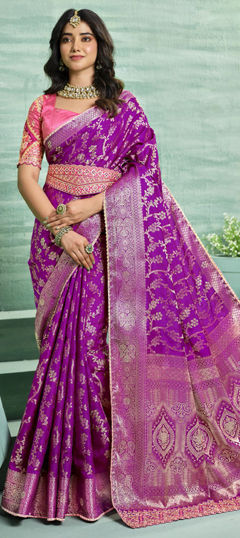 Purple and Violet color Saree in Silk fabric with Sequence, Thread, Weaving work