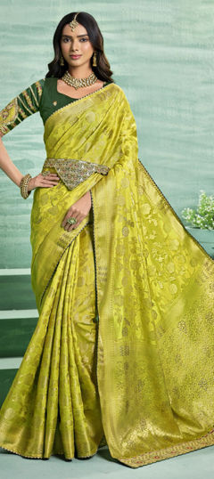 Green color Saree in Silk fabric with Sequence, Thread, Weaving work