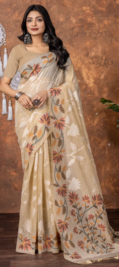 Beige and Brown color Saree in Cotton fabric with Weaving work