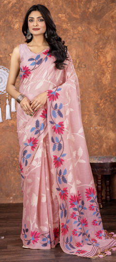 Pink and Majenta color Saree in Cotton fabric with Weaving work
