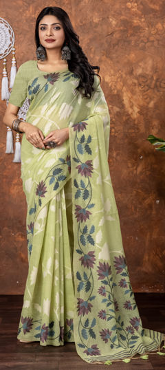 Green color Saree in Cotton fabric with Weaving work