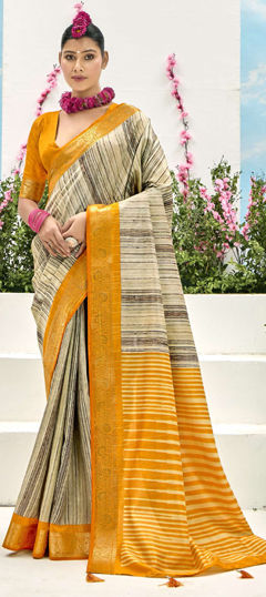 Beige and Brown, Yellow color Saree in Silk fabric with Weaving work