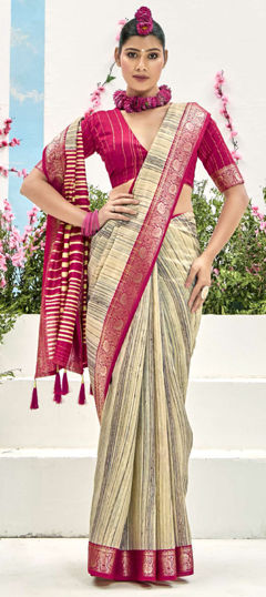 Beige and Brown, Pink and Majenta color Saree in Silk fabric with Weaving work