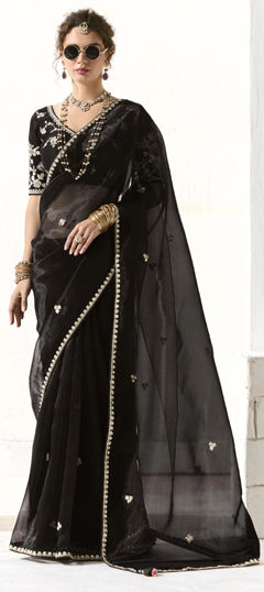 Black and Grey color Saree in Organza Silk fabric with Sequence work