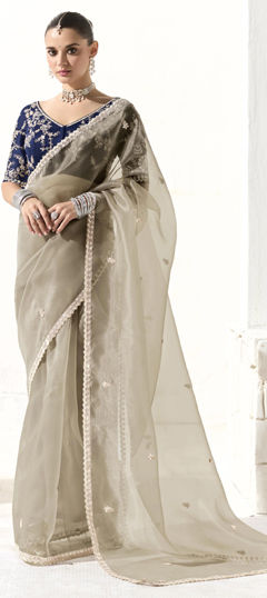 Beige and Brown color Saree in Organza Silk fabric with Sequence work