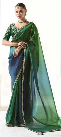 Blue, Green color Saree in Organza Silk fabric with Sequence work