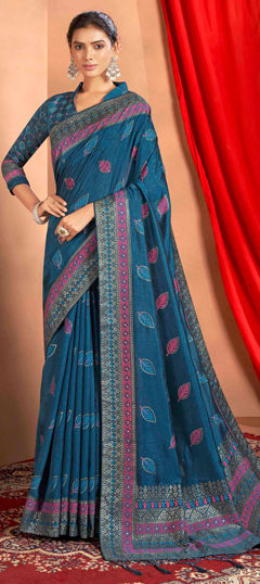 Blue color Saree in Cotton fabric with Printed work