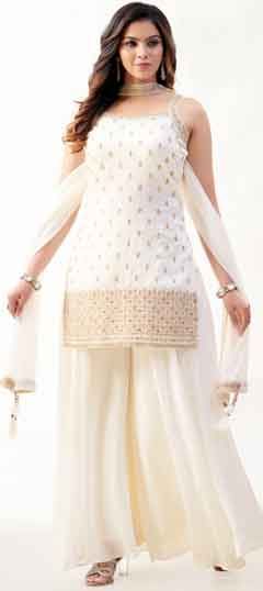 White and Off White color Salwar Kameez in Silk fabric with Embroidered, Resham, Stone, Thread work