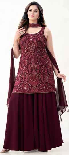 Red and Maroon color Salwar Kameez in Georgette fabric with Embroidered, Resham, Sequence, Thread work