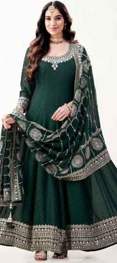 Green color Gown in Silk fabric with Embroidered, Sequence, Thread work