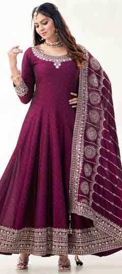 Pink and Majenta color Gown in Silk fabric with Embroidered, Sequence, Thread work