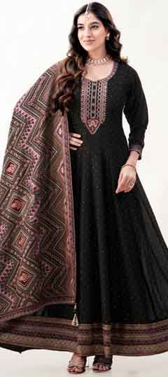 Black and Grey color Gown in Silk fabric with Embroidered, Resham, Stone, Thread work