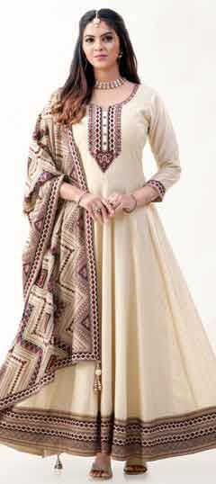 White and Off White color Gown in Silk fabric with Embroidered, Resham, Stone, Thread work