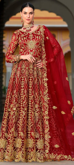 Red and Maroon color Salwar Kameez in Net fabric with Stone work