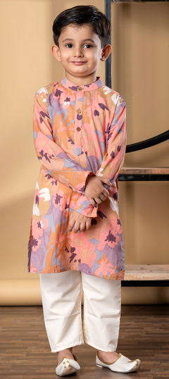 Multicolor color Boys Kurta Pyjama in Cotton fabric with Lace, Printed work