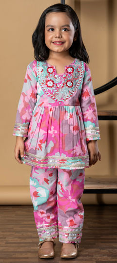 Pink and Majenta color Girls Top with Bottom in Cotton fabric with Embroidered, Gota Patti, Printed, Resham, Thread, Zari work