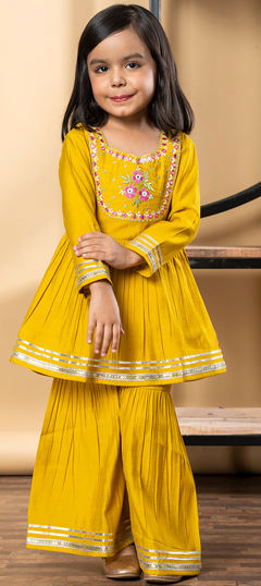 Yellow color Girls Top with Bottom in Roman Silk fabric with Embroidered, Resham, Thread, Zari work