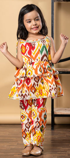 Orange color Girls Top with Bottom in Cotton fabric with Gota Patti, Printed work