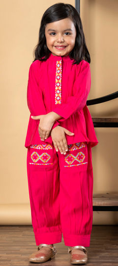 Pink and Majenta color Girls Top with Bottom in Roman Silk fabric with Embroidered, Resham, Thread work