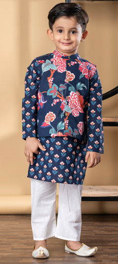 Blue color Boys Kurta Pyjama with Jacket in Cotton fabric with Floral, Printed work