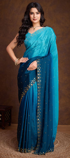 Blue color Saree in Chinon Silk fabric with Mirror, Swarovski work