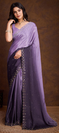 Silver color Saree in Chinon Silk fabric with Mirror, Swarovski work