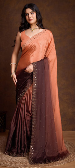 Beige and Brown, Pink and Majenta color Saree in Chinon Silk fabric with Mirror, Swarovski work