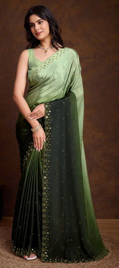 Black and Grey, Green color Saree in Chinon Silk fabric with Mirror, Swarovski work