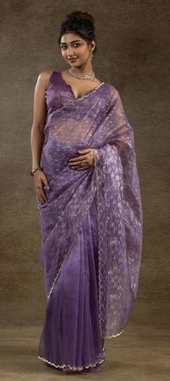 Purple and Violet color Readymade Saree in Tissue fabric with Stone work