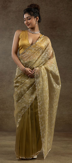 Yellow color Readymade Saree in Tissue fabric with Stone work