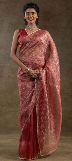 Pink and Majenta color Readymade Saree in Tissue fabric with Stone work