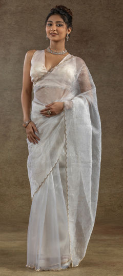 White and Off White color Readymade Saree in Tissue fabric with Stone work