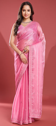 Pink and Majenta color Saree in Tissue fabric with Cut Dana, Embroidered, Zari, Zircon work