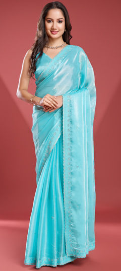 Blue color Saree in Tissue fabric with Cut Dana, Embroidered, Zari, Zircon work