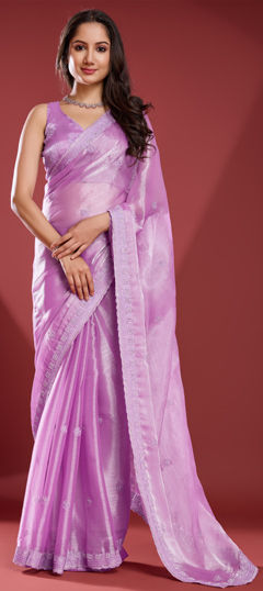 Purple and Violet color Saree in Tissue fabric with Cut Dana, Embroidered, Zari, Zircon work