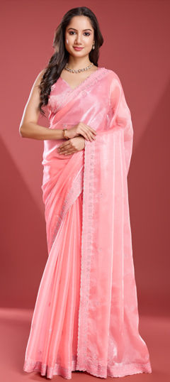 Pink and Majenta color Saree in Tissue fabric with Cut Dana, Embroidered, Zari, Zircon work