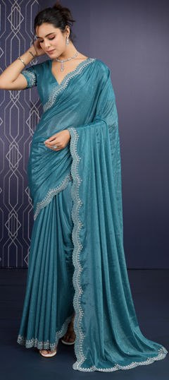 Green color Saree in Georgette fabric with Cut Dana, Stone, Zircon work
