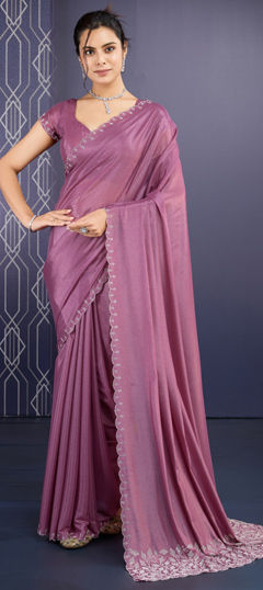 Beige and Brown color Saree in Georgette fabric with Cut Dana, Stone, Zircon work