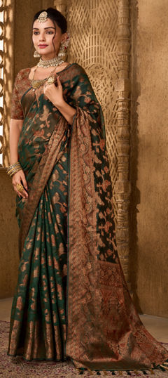 Green color Saree in Organza Silk fabric with Weaving, Zari work